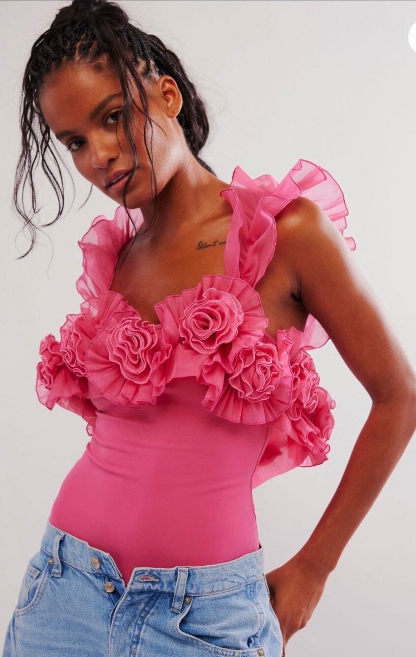 Free People Until Next Time Floral Ruffle Pink Rose Statement Bodysuit, Size M